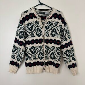 Vintage Bushwacker Cardigan Sweater Womens Medium Green Red Floral Made In USA